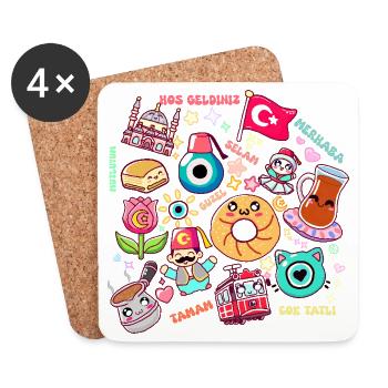 Turquie Kawaii -Design Mignon et Culturel - Dessous de verre (lot de 4) - blanc - Devant