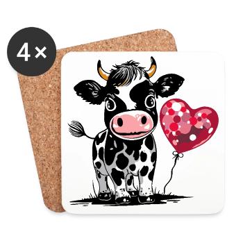Mignon veau avec ballon coeur - vache veau - Dessous de verre (lot de 4) - blanc - Devant