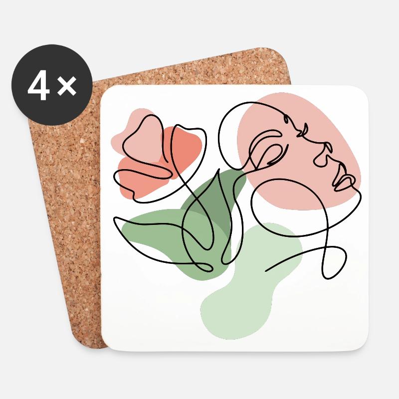 Minimalistisches Blumen-Liniendesign - Untersetzer (4er-Set) - Weiß