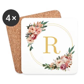R Monogram, Couronne de fleurs, Personnalisable - Dessous de verre (lot de 4) - blanc - Devant