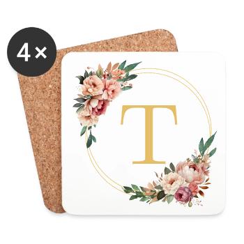 T Monogram, Couronne de fleurs, Personnalisable - Dessous de verre (lot de 4) - blanc - Devant