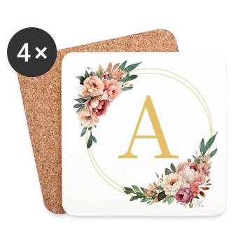 Un monogramme, couronne de fleurs, personnalisable - Dessous de verre (lot de 4) - blanc - Devant