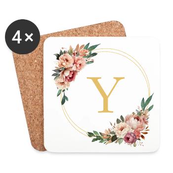 Monogramme Y, Couronne de fleurs, Personnalisable - Dessous de verre (lot de 4) - blanc - Devant