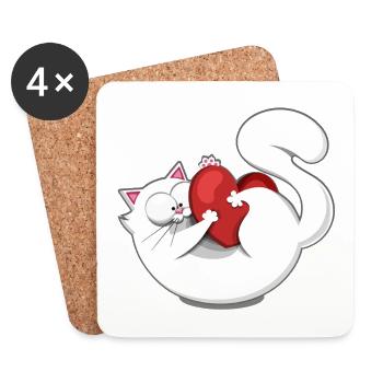 Chat mignon blanc coeur drôle ambiance amour  - Dessous de verre (lot de 4) - blanc - Devant