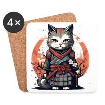 Warrior Cat Japanese Cat Samurai Cat - Coasters (set of 4) - white - Front
