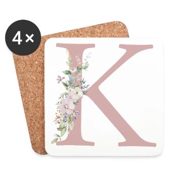 K Monogramm, Floral, personalisierbar - Untersetzer (4er-Set) - Weiß - Vorne