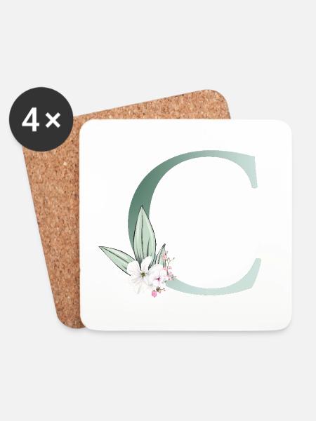 C Monogram, Floral, Customizable - Coasters (set of 4) - white