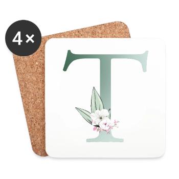 T Monogramm, Floral, personalisierbar - Untersetzer (4er-Set) - Weiß - Vorne