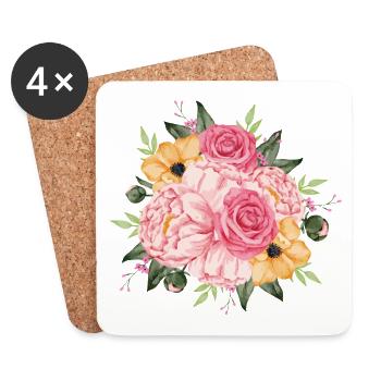 Watercolor Roses and Peonies Bouquet - Coasters (set of 4) - white - Front