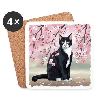 Kirschblüten-Katze: Rosa-Blüten, Schwarze Katze - Untersetzer (4er-Set) - Weiß - Vorne
