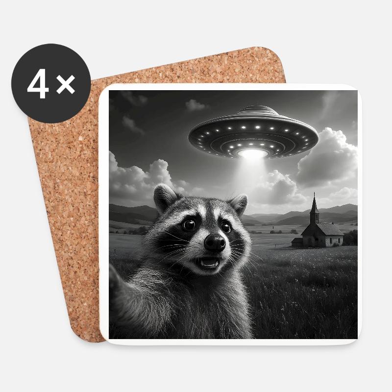 Waschbär Selfie mit Ufo - Untersetzer (4er-Set) - Weiß