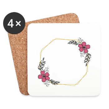 Octogone jaune doré - Fleurs rouges et feuilles vertes - Dessous de verre (lot de 4) - blanc - Devant