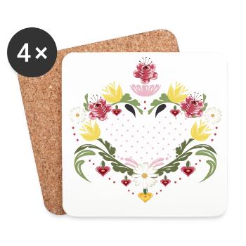 Delicate Heart with Flowers – Peasant Painting Inspired - Coasters (set of 4) - white - Front