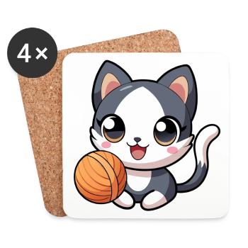 Schwarz-weißes Kawaii-Kätzchen mit Strang - Untersetzer (4er-Set) - Weiß - Vorne