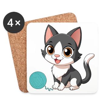 Black and White Kawaii Kitten with Pincushion (v02) - Coasters (set of 4) - white - Front