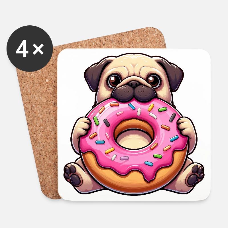 Süßer Mops mit Donut lustiger Cartoon Hunde - Untersetzer (4er-Set) - Weiß