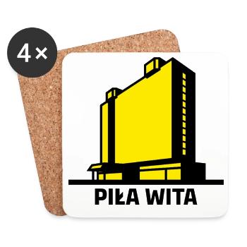 Saw vous souhaite la bienvenue. La ville de Piła et le bâtiment de l’hôtel Gromada - Dessous de verre (lot de 4) - blanc - Devant