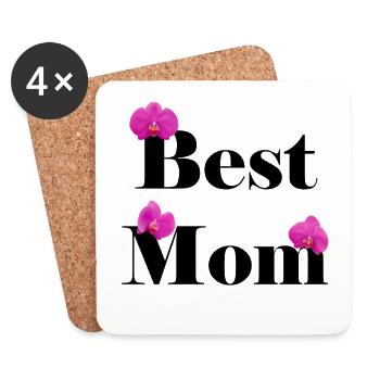 Best Mom, Black with Fuchsia Orchids - Coasters (set of 4) - white - Front