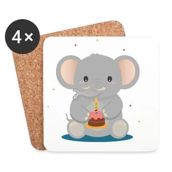 Birthday Elephant with Cupcake – Cute Animal Motif - Coasters (set of 4) - white - Front