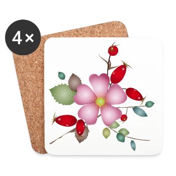 Rose hips and dog rose blossom – nature motif - Coasters (set of 4) - white - Front