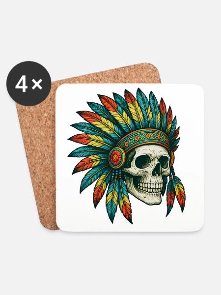 Native Tribal Skull Illustration - Coasters (set of 4) - white