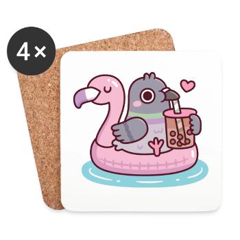 Pigeon mignon se relaxant sur un flotteur de flamant rose avec boba - Dessous de verre (lot de 4) - blanc - Devant