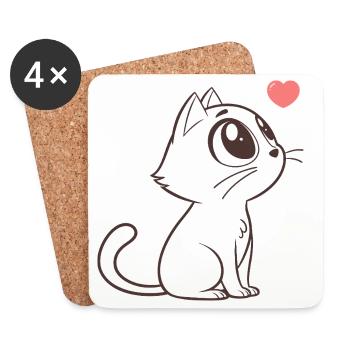 Adorable chat aux cœurs roses - Dessous de verre (lot de 4) - blanc - Devant