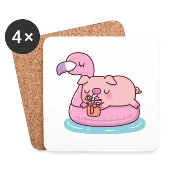 Cute Pig Chilling On Pink Flamingo Pool Float - Coasters (set of 4) - white - Front