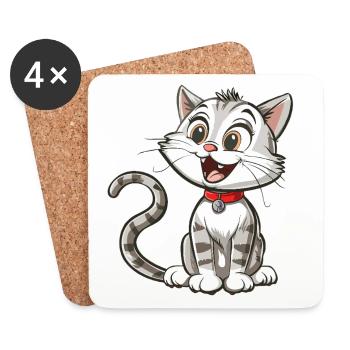 Chat animé joyeux avec collier - Dessous de verre (lot de 4) - blanc - Devant