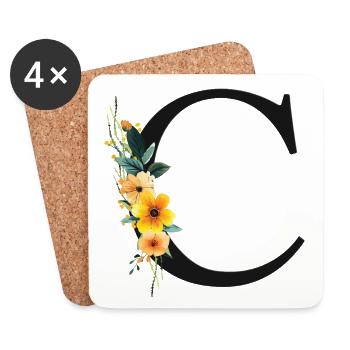 C Monogramm, Floral, personalisierbar - Untersetzer (4er-Set) - Weiß - Vorne