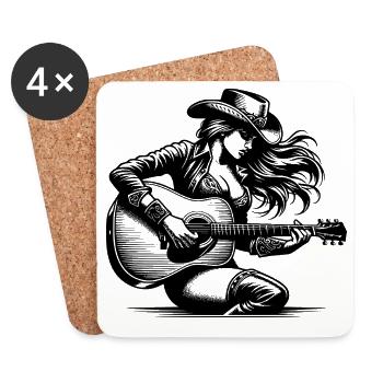Frau mit Gitarre – Retro Line Art Clipart - Untersetzer (4er-Set) - Weiß - Vorne