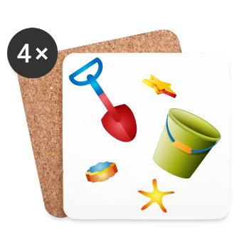 Pelle colorée et seau avec des moules sur la plage - Dessous de verre (lot de 4) - blanc - Devant