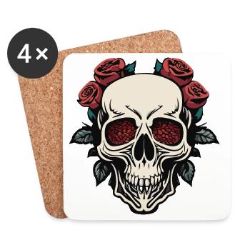 Crâne élégant avec des roses et du bleu marine - Dessous de verre (lot de 4) - blanc - Devant