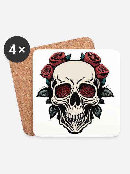 Stylish Skull with Roses and Navy - Coasters (set of 4) - white