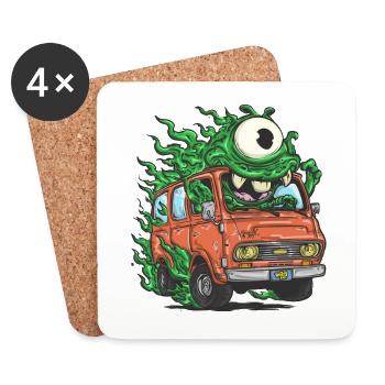 Monstre vert dans un fourgon rétro - Dessous de verre (lot de 4) - blanc - Devant