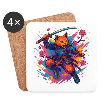 Samurai-style cat warrior - Coasters (set of 4) - white - Front
