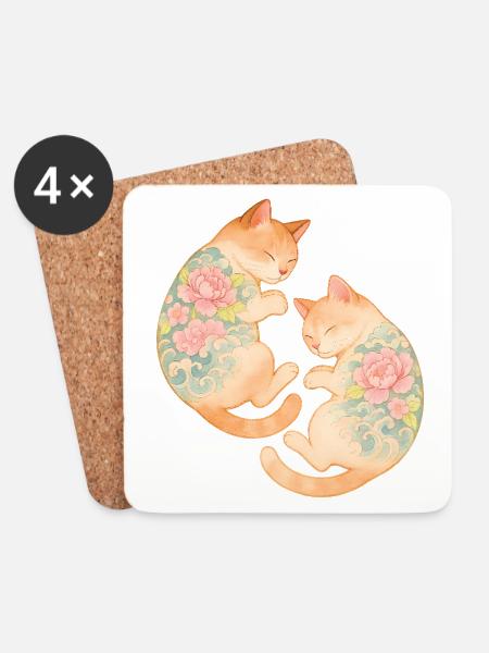 Twin Inked Cats – Floating Serenity - Coasters (set of 4) - white