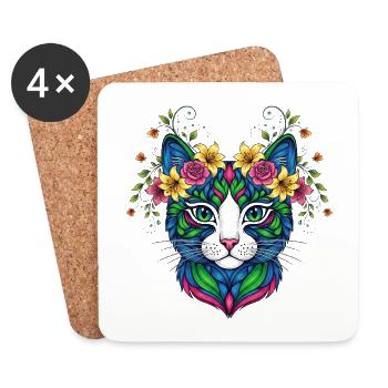 Katze mit Blumen - Untersetzer (4er-Set) - Weiß - Vorne