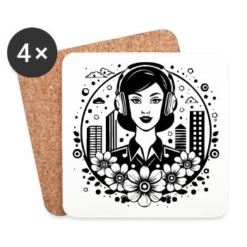 Woman Face – Woman, Headphones, Skyline, Square - Coasters (set of 4) - white - Front