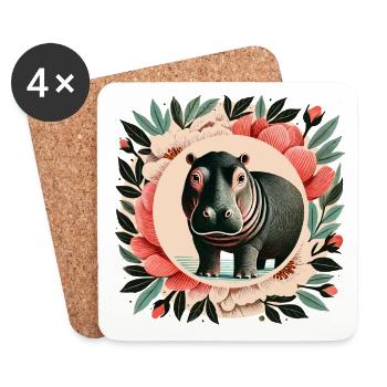 Portrait floral fantaisiste d'hippopotame - Dessous de verre (lot de 4) - blanc - Devant