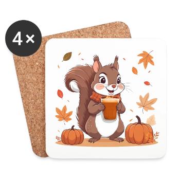 Écureuil mignon avec latte à la citrouille et aux épices d’automne - Dessous de verre (lot de 4) - blanc - Devant