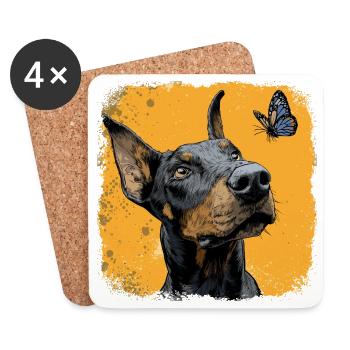Lustiger Dobermann und Schmetterling auf Orange - Untersetzer (4er-Set) - Weiß - Vorne