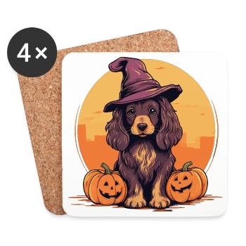 Halloween Chapeau de sorcière Citrouille Chien Cocker Épagneul - Dessous de verre (lot de 4) - blanc - Devant