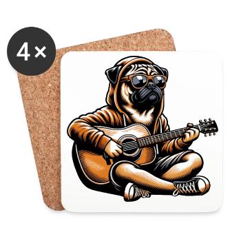 Pug With Guitar Hoodie And Sunglasses - Coasters (set of 4) - white - Front