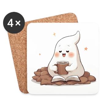 Kawaii Geist – Cozy Coffee & Books - Untersetzer (4er-Set) - Weiß - Vorne