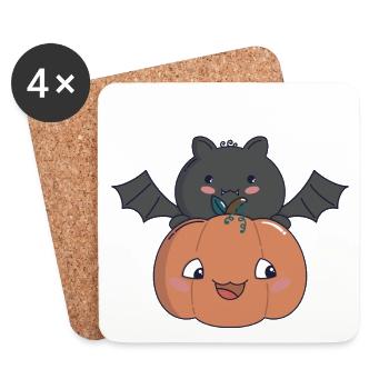 Pumpkin & Bat – Kawaii Halloween 🎃🦇 - Coasters (set of 4) - white - Front