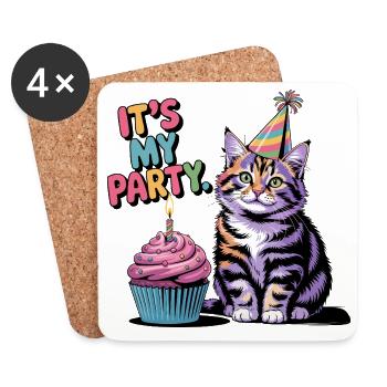 Geburtstags-Katze - Untersetzer (4er-Set) - Weiß - Vorne