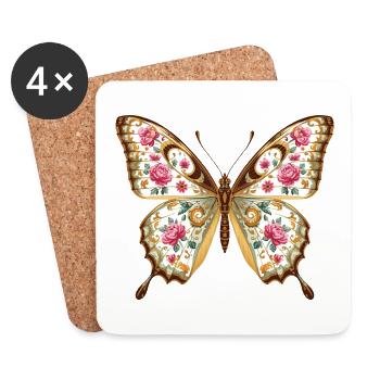 Papillon et roses vintage en porcelaine - Dessous de verre (lot de 4) - blanc - Devant