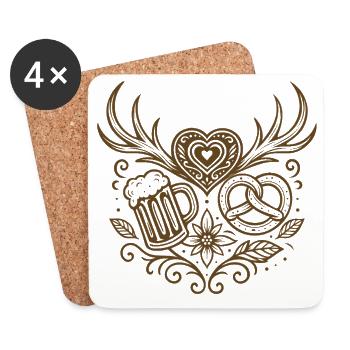 Coeur avec bois, bière et bretzel - Dessous de verre (lot de 4) - blanc - Devant
