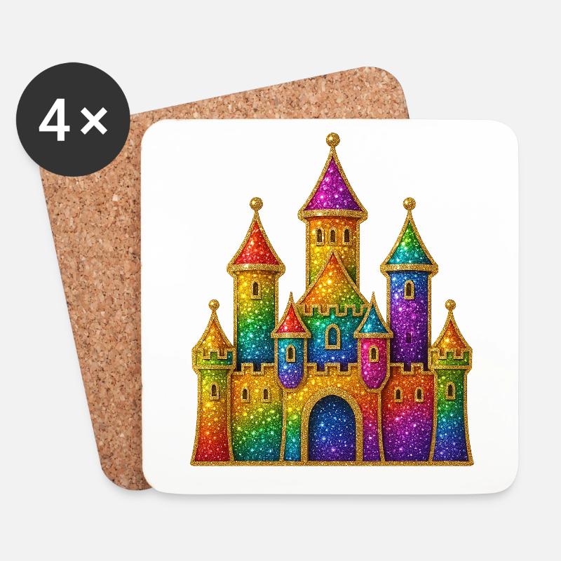 Regenbogen-Glitzer-Schloss-Design - Untersetzer (4er-Set) - Weiß